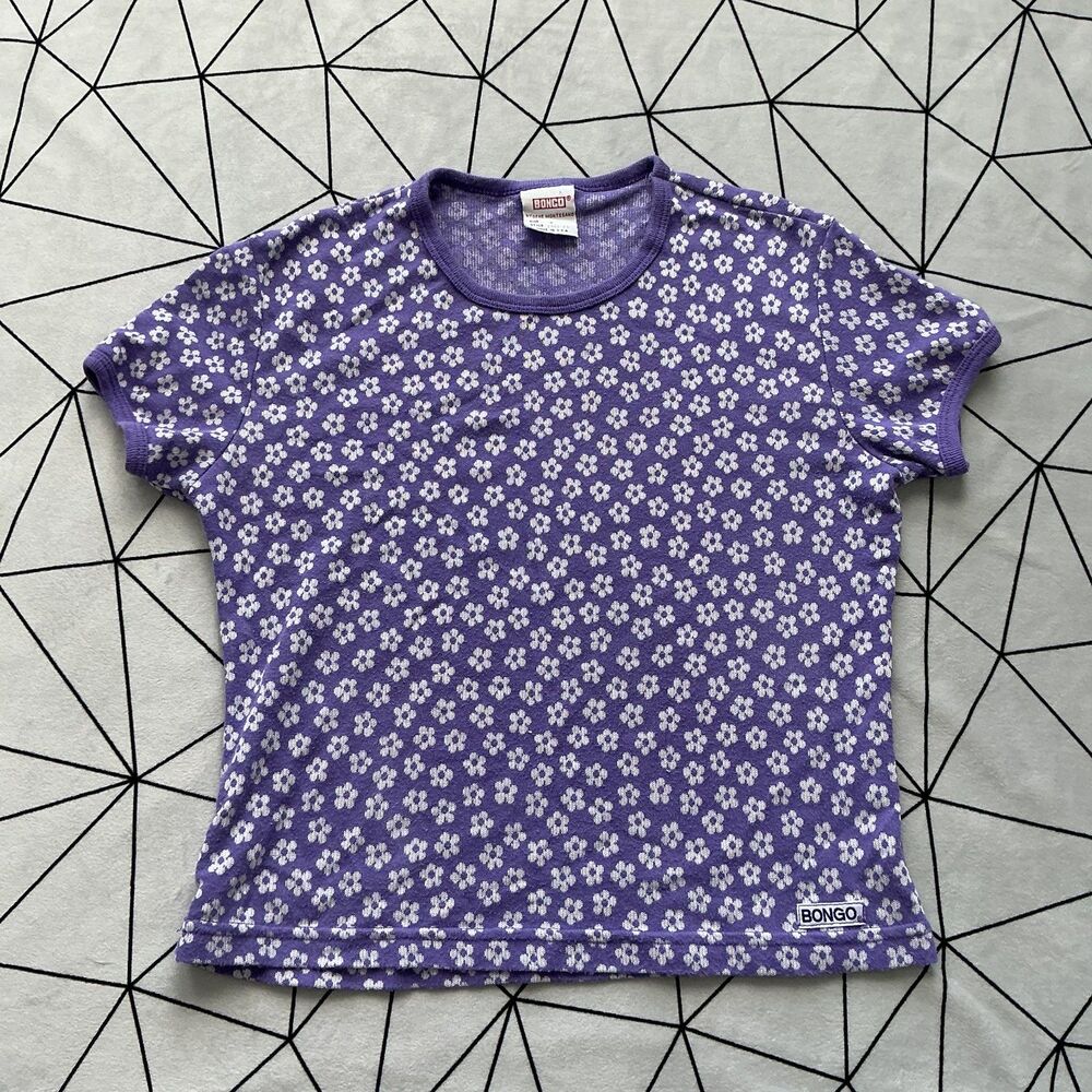 BONGO 90s Daisy Knit Baby Tee M Purple White Floral Made in USA